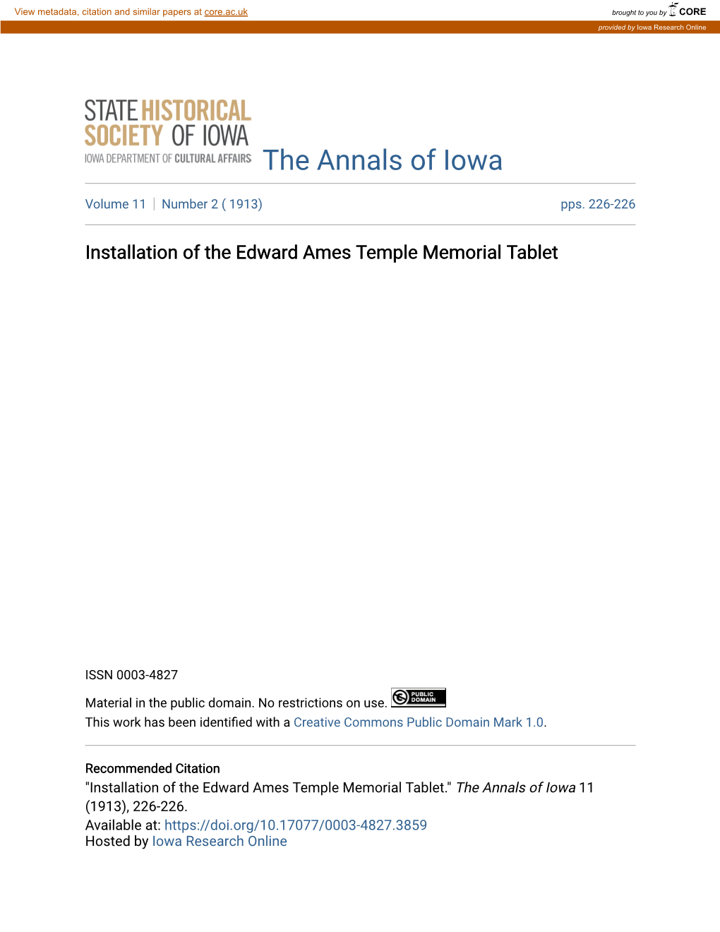 Installation of the Edward Ames Temple Memorial Tablet