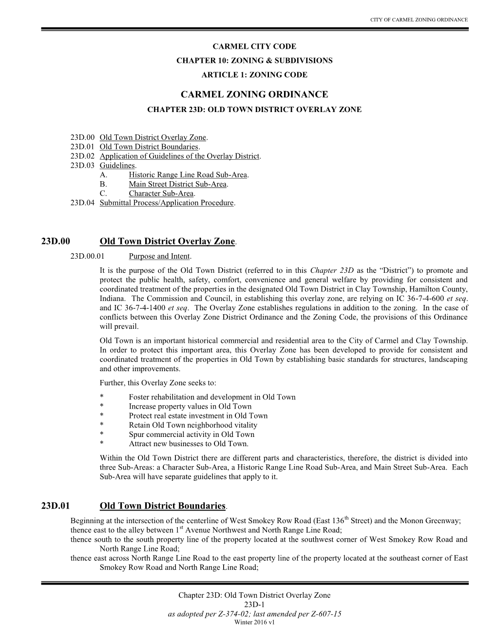 CARMEL ZONING ORDINANCE 23D.00 Old Town District Overlay