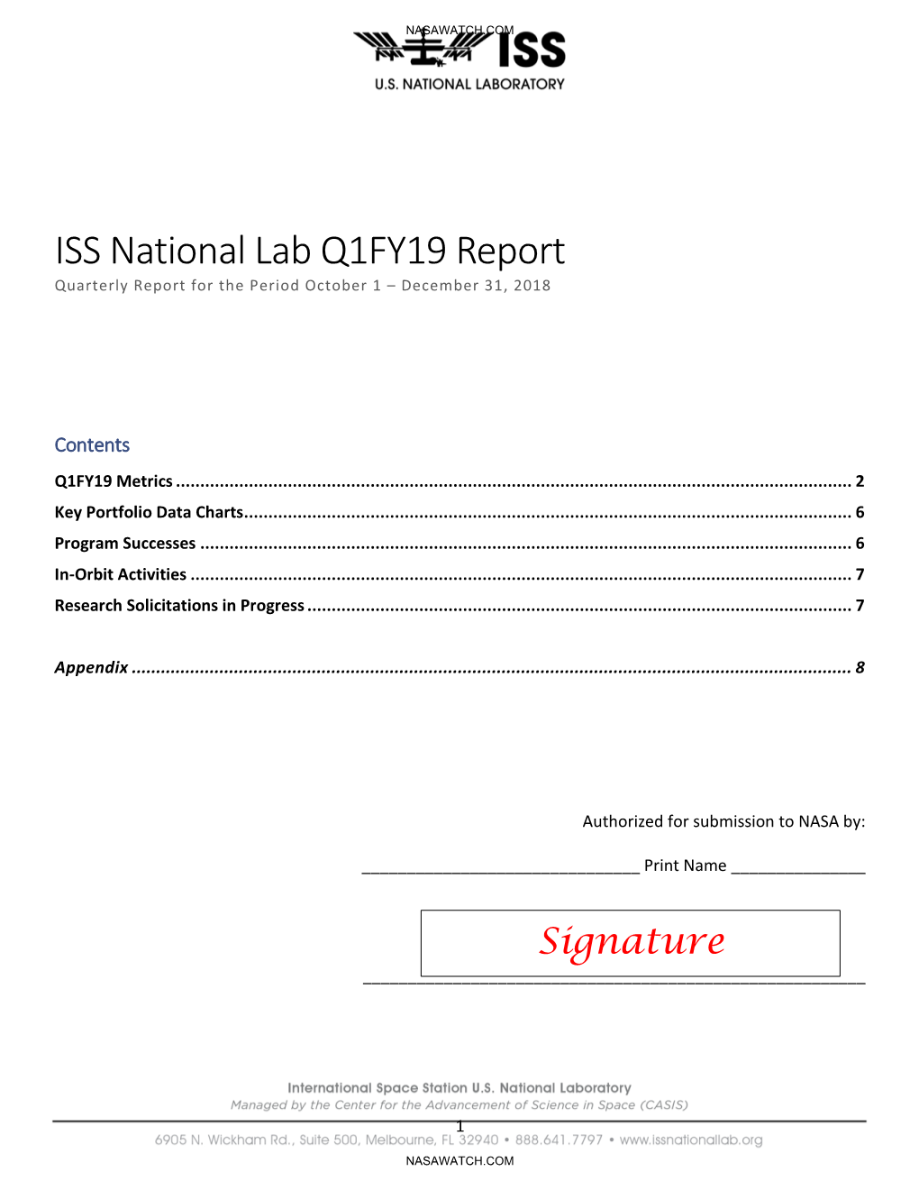 ISS National Lab Q1FY19 Report Quarterly Report for the Period October 1 – December 31, 2018