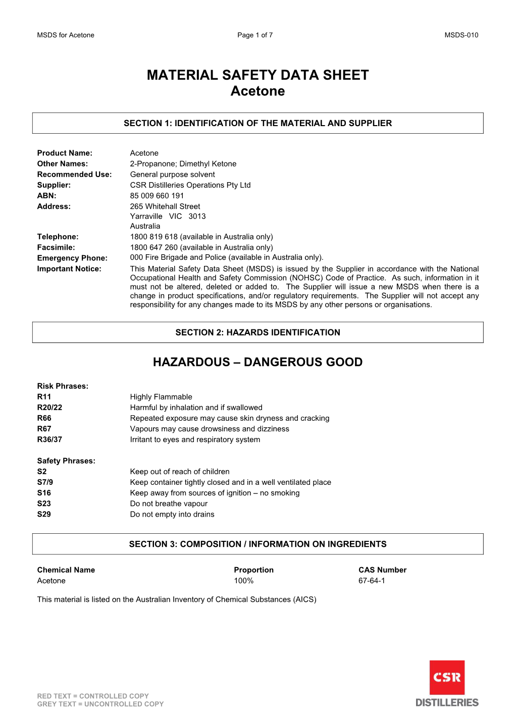 MATERIAL SAFETY DATA SHEET Acetone