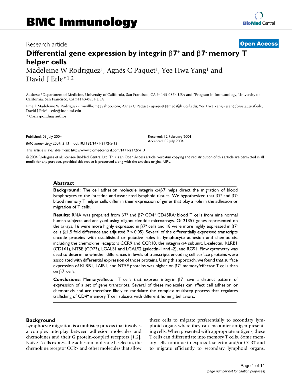 Differential Gene Expression by Integrin Β7+ and Β7-Memory T