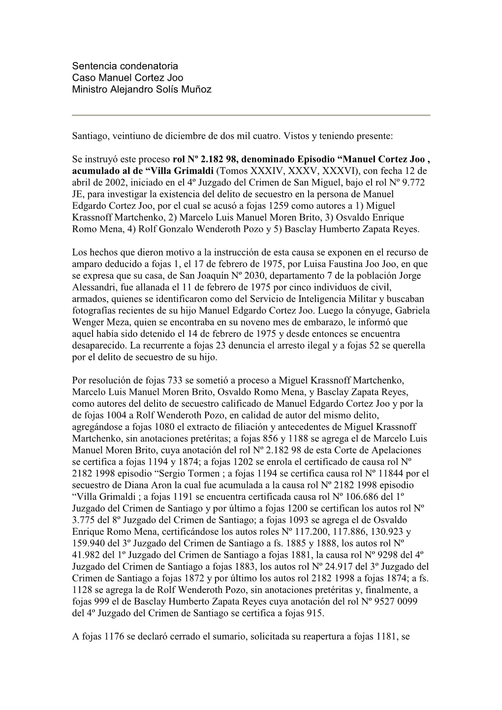 Sentencia Condenatoria Caso Manuel Cortez Joo Ministro Alejandro Solís Muñoz