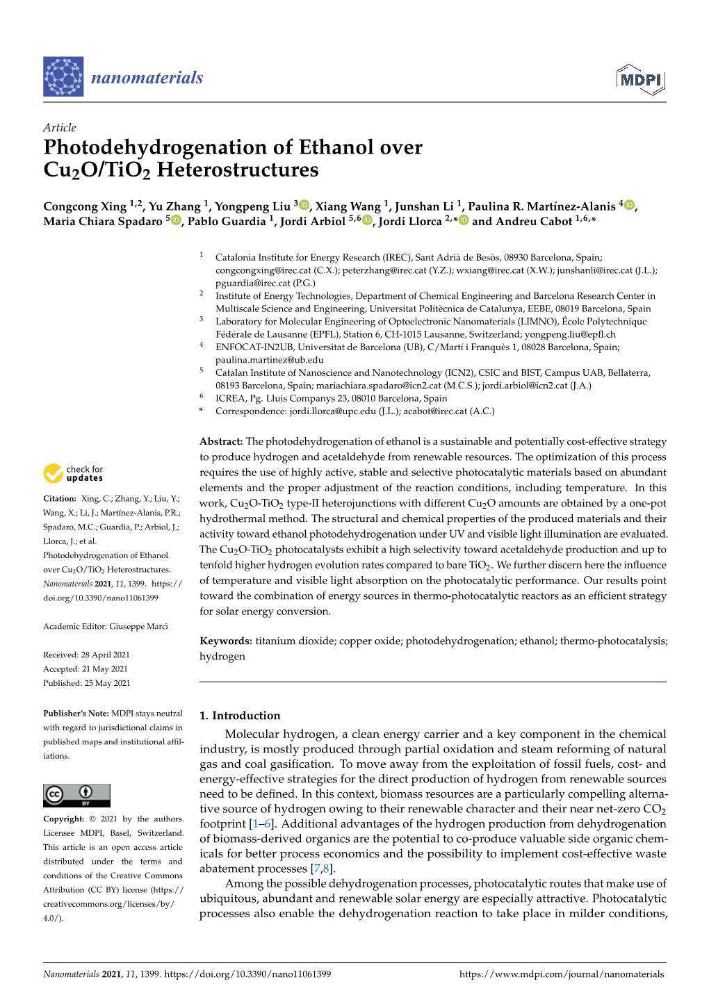 Photodehydrogenation of Ethanol Over Cu2o/Tio2 Heterostructures