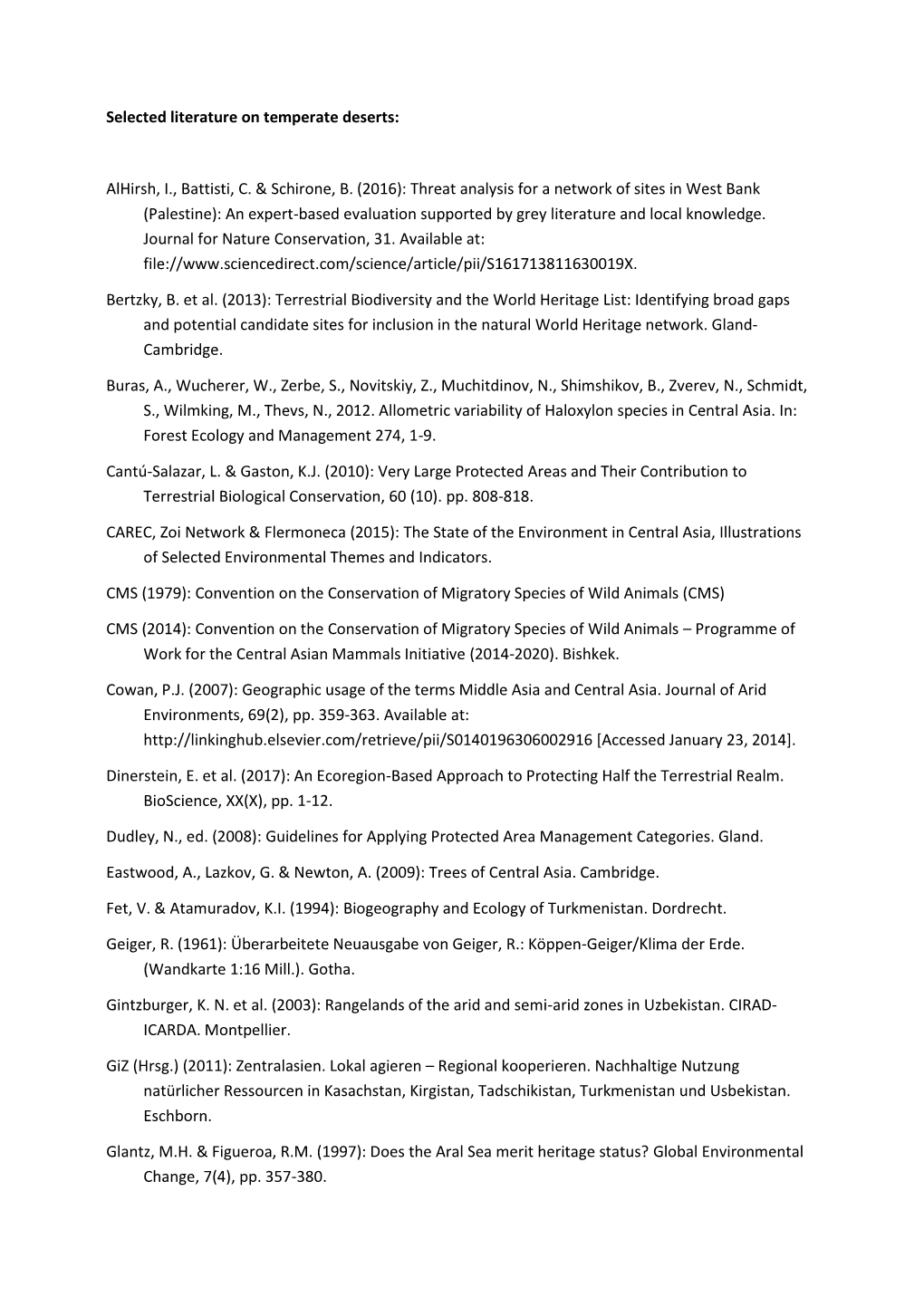 Selected Literature on Temperate Deserts