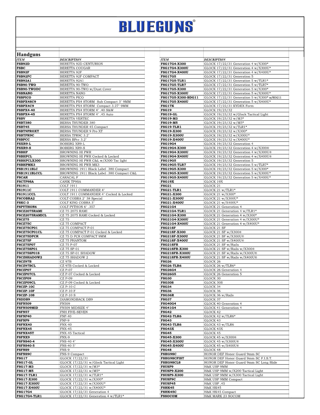 2020 Retail Price List