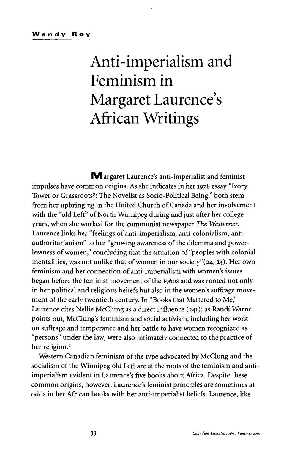 Anti-Imperialism and Feminism in Margaret Laurence's African Writings