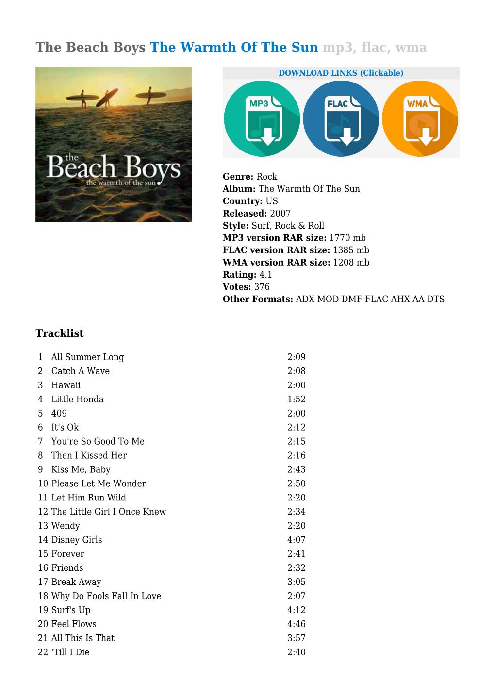 The Beach Boys the Warmth of the Sun Mp3, Flac, Wma