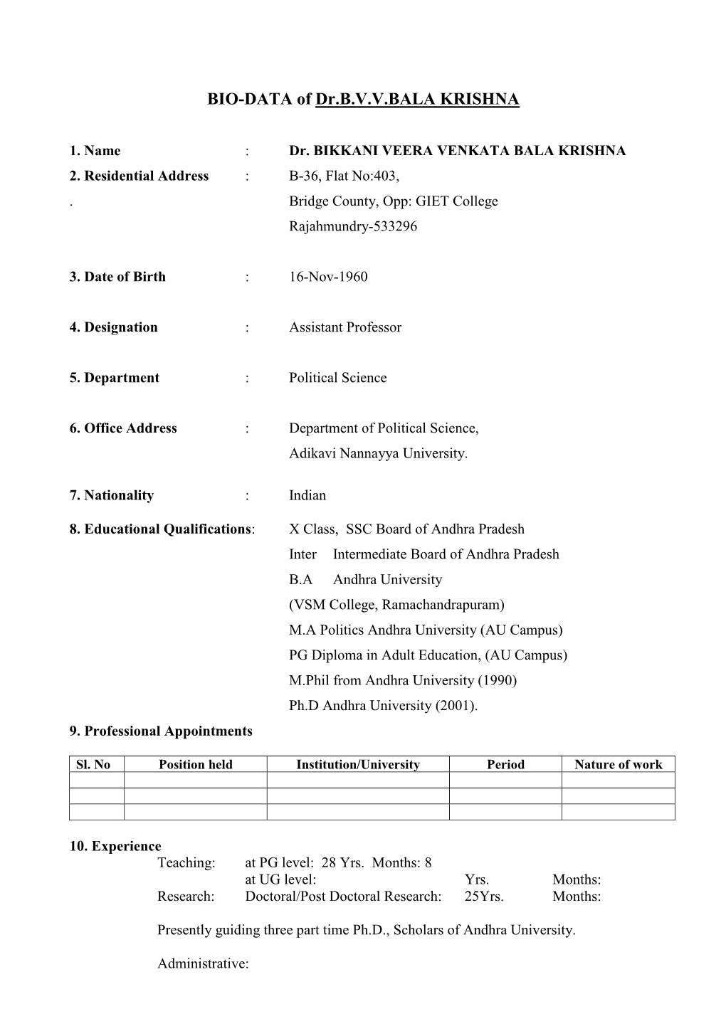 BIO-DATA of Dr.B.V.V.BALA KRISHNA