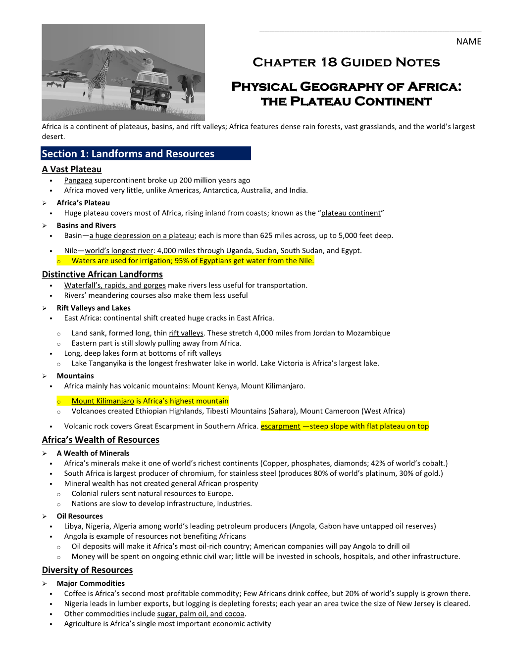 Chapter 18 Guided Notes Physical Geography of Africa: the Plateau