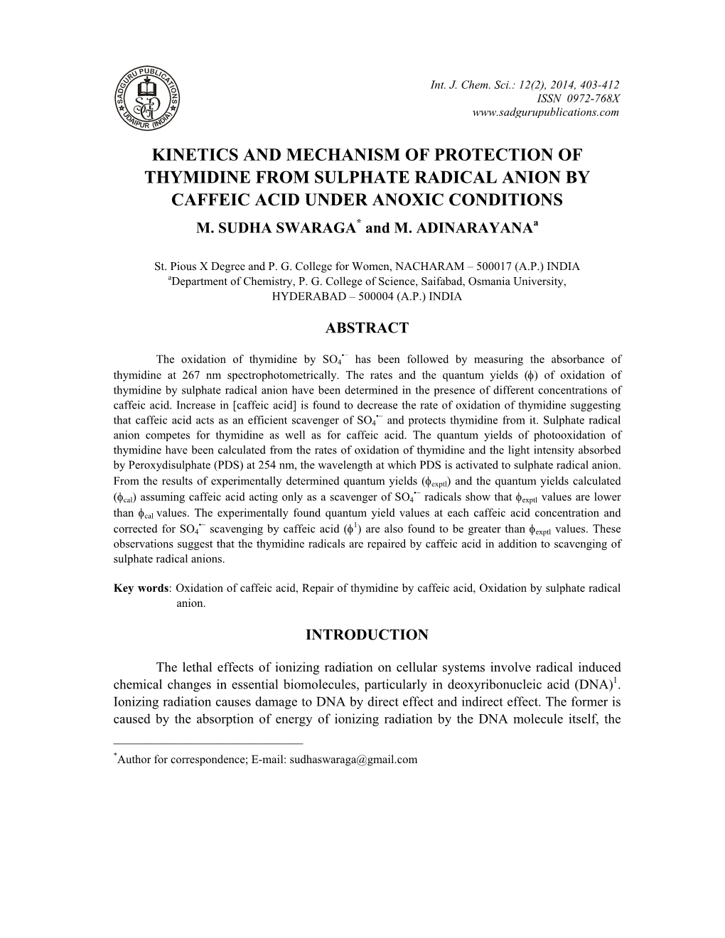 Kinetics and Mechanism of Protection of Thymidine from Sulphate Radical Anion by Caffeic Acid Under Anoxic Conditions M