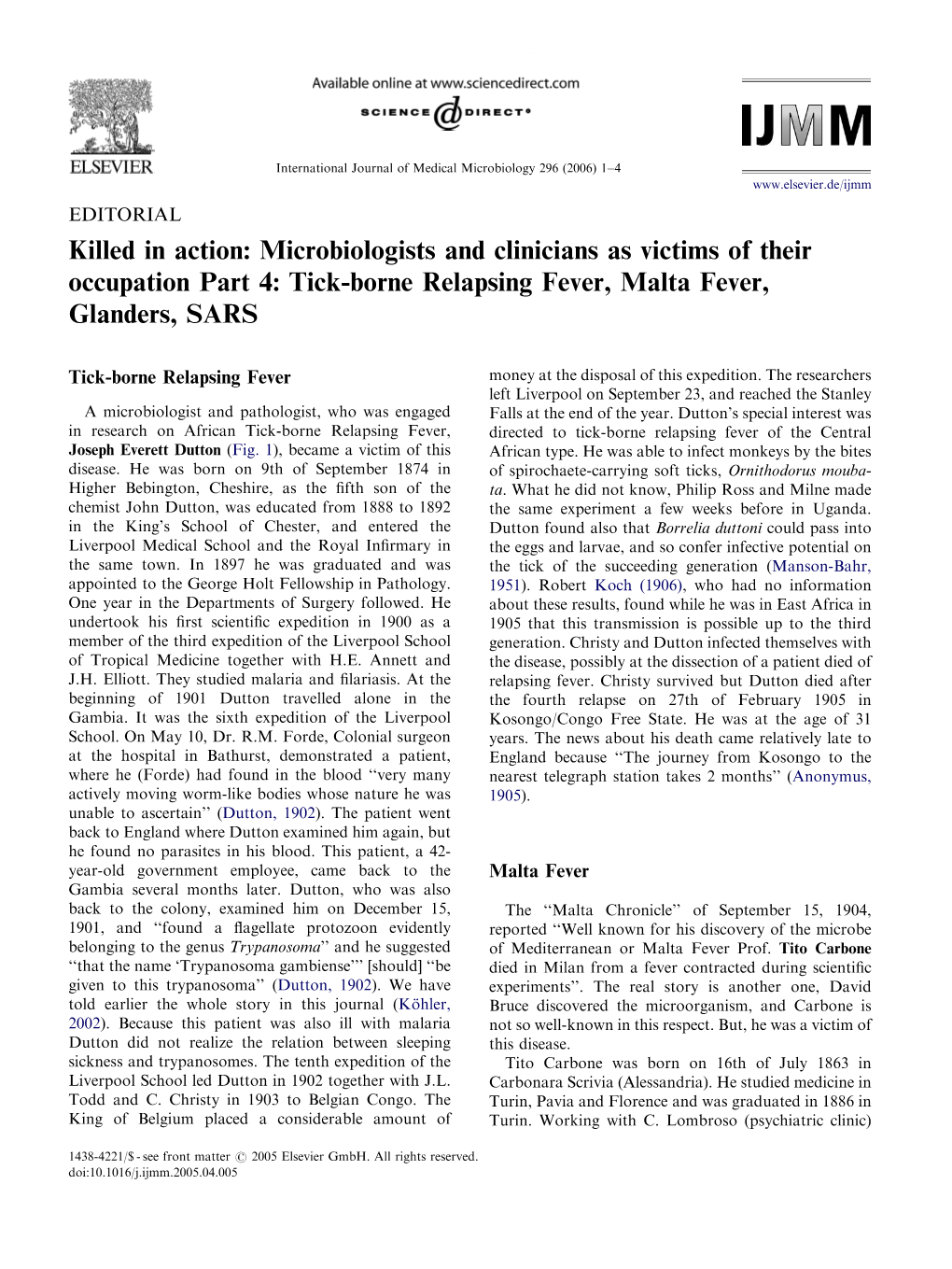 Tick-Borne Relapsing Fever, Malta Fever, Glanders, SARS