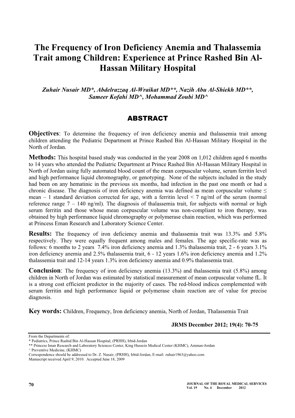 The Use of Mean Corpuscular Volume (MCV) to Classify the Anemia As