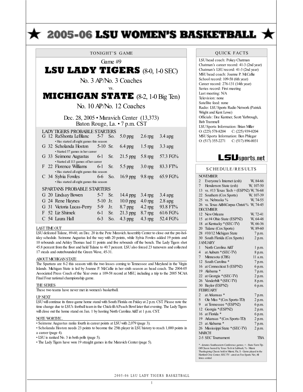 Pokey Chatman Chatman’S Career Record: 41-3 (2Nd Year) Chatman’S LSU Record: 41-3 (2Nd Year) LSU LADY TIGERS (8-0, 1-0 SEC) MSU Head Coach: Joanne P