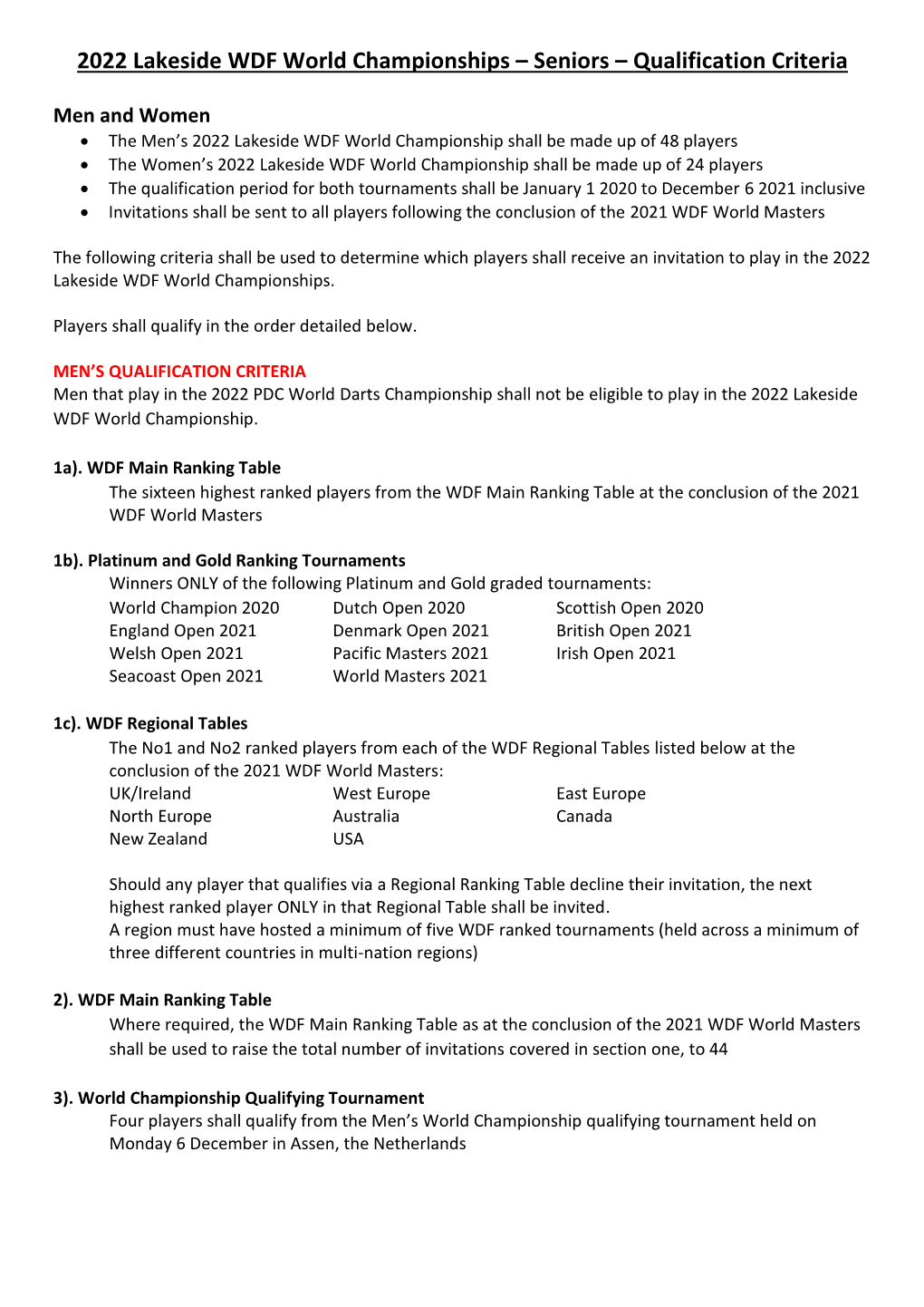 WDF World Championships Qualification Criteria