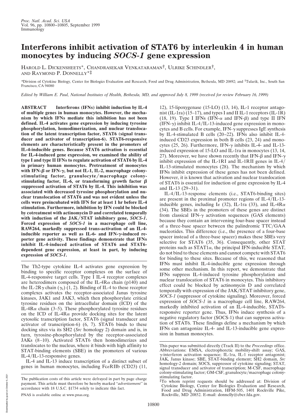 Interferons Inhibit Activation of STAT6 by Interleukin 4 in Human Monocytes by Inducing SOCS-1 Gene Expression