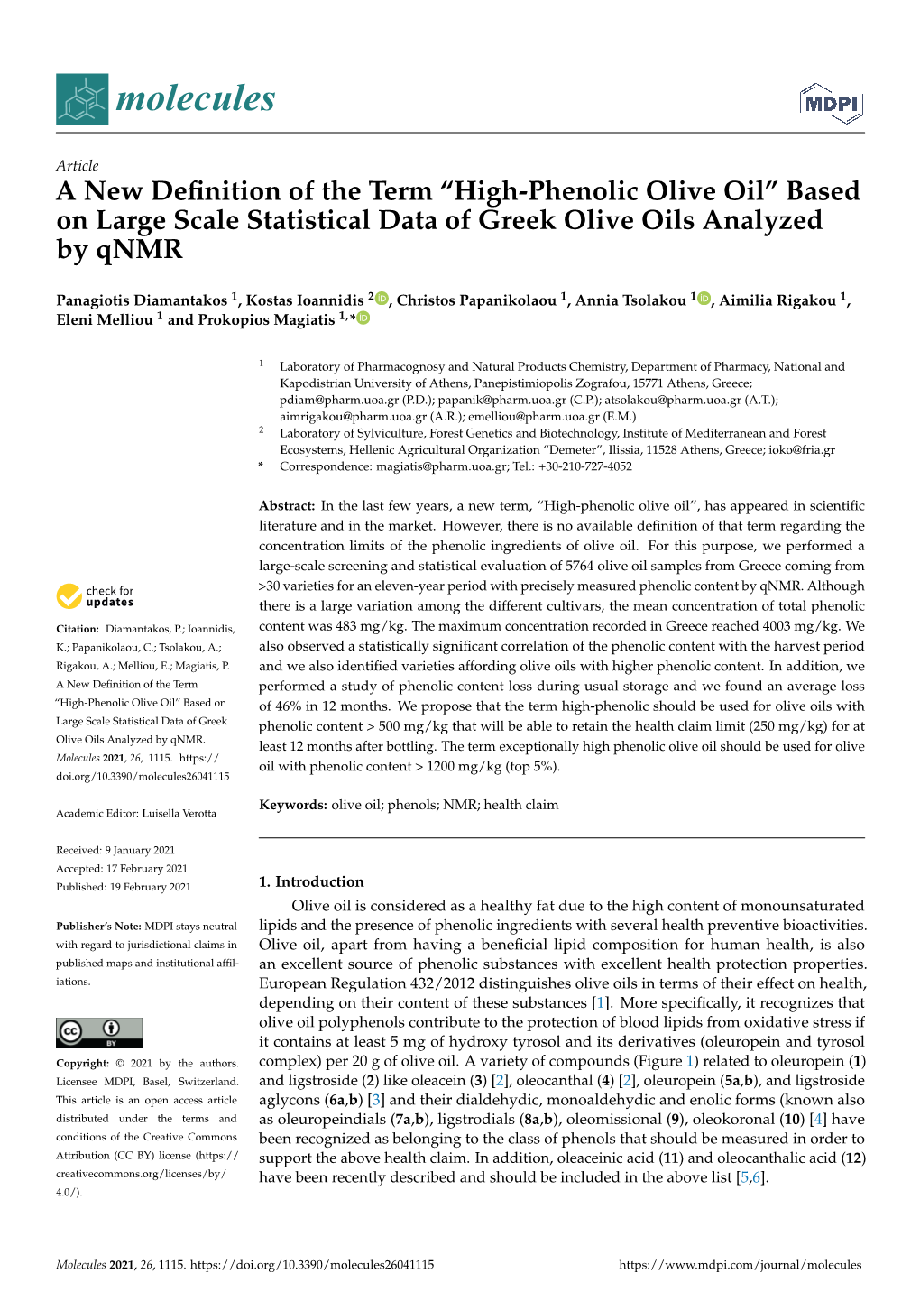 High-Phenolic Olive Oil” Based on Large Scale Statistical Data of Greek Olive Oils Analyzed by Qnmr