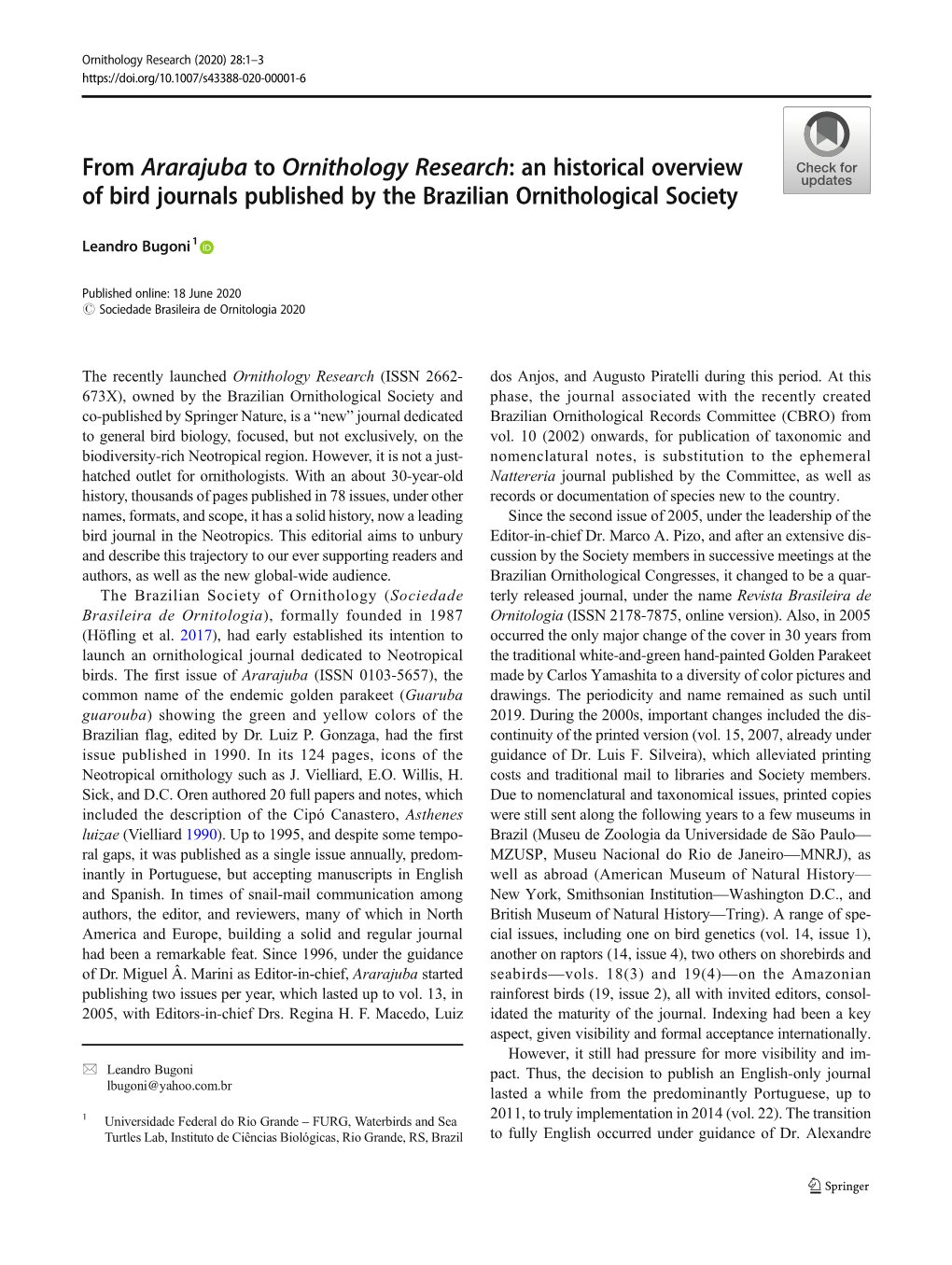An Historical Overview of Bird Journals Published by the Brazilian Ornithological Society