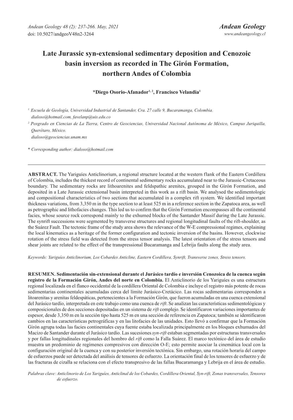 Late Jurassic Syn-Extensional Sedimentary Deposition and Cenozoic Basin Inversion As Recorded in the Girón Formation, Northern Andes of Colombia