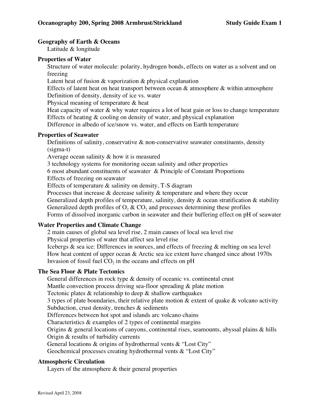 Oceanography 200, Spring 2008 Armbrust/Strickland Study Guide Exam 1