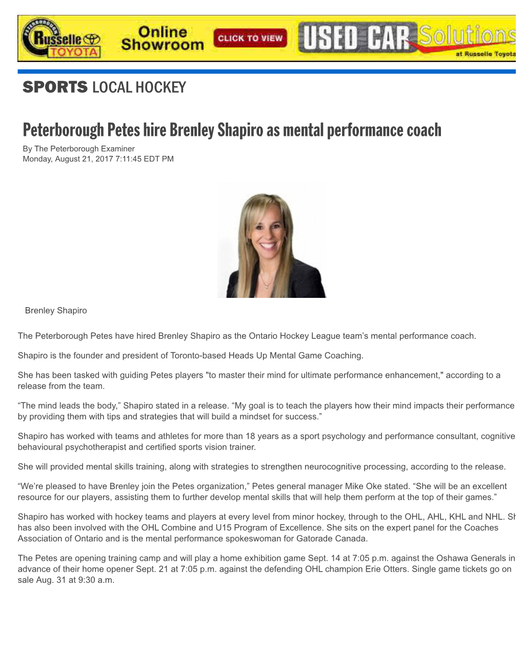 Peterborough Petes Hire Brenley Shapiro As Mental Performance Coach by the Peterborough Examiner Monday, August 21, 2017 7:11:45 EDT PM