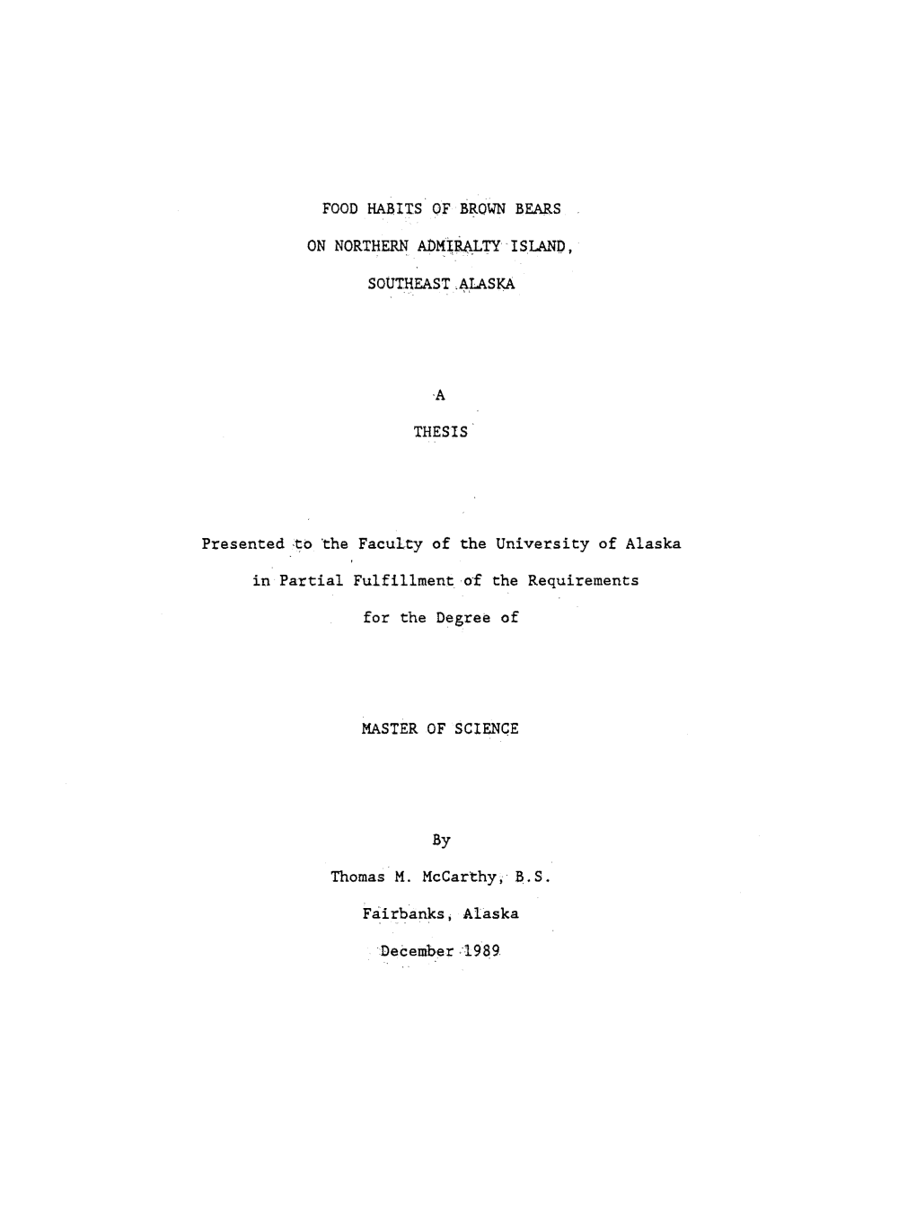 Food Habits of Brown Bears on Northern Admiralty Island In