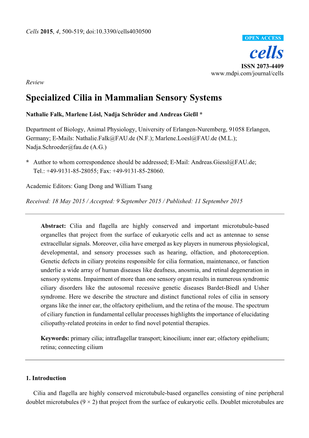 Specialized Cilia in Mammalian Sensory Systems