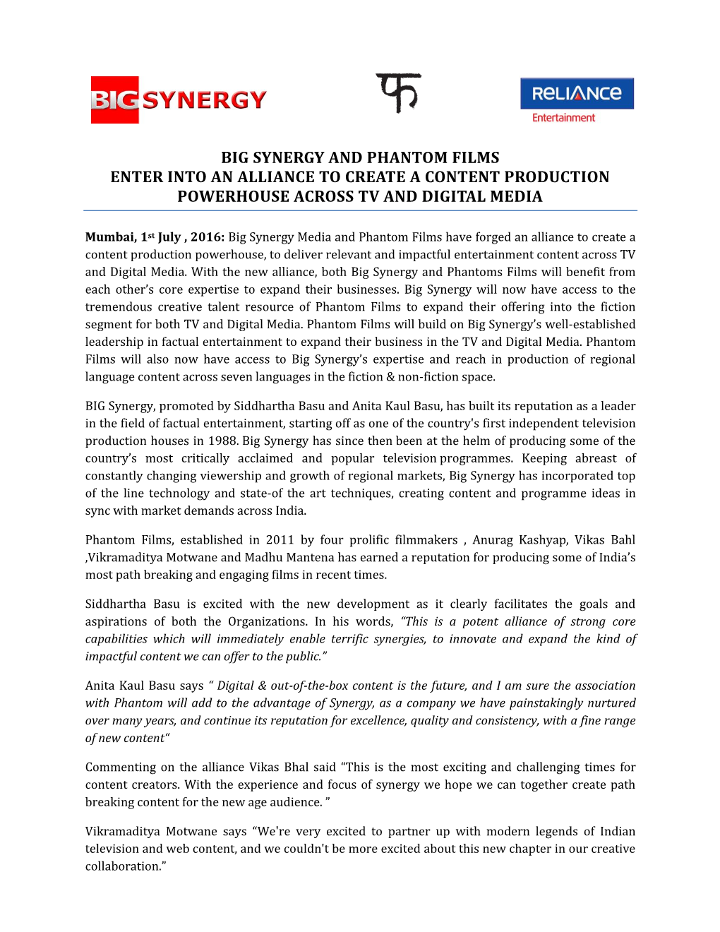 Big Synergy and Phantom Films Enter Into an Alliance to Create a Content Production Powerhouse Across Tv and Digital Media