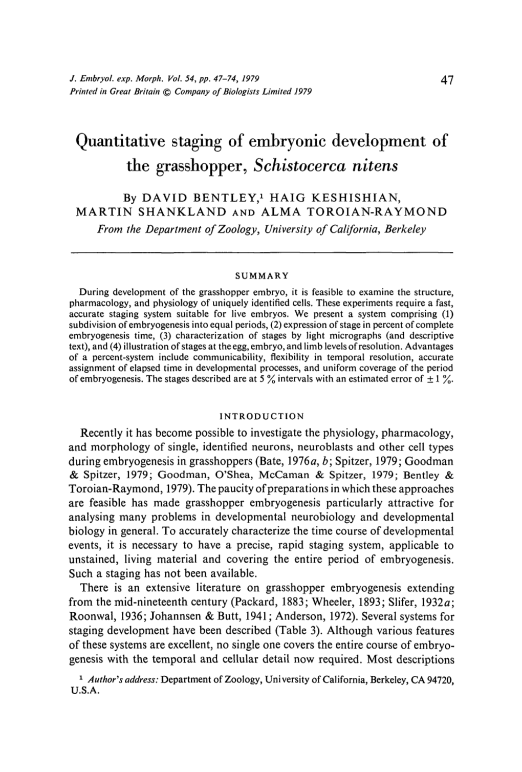 Quantitative Staging of Embryonic Development of the Grasshopper, Schistocerca Nitens