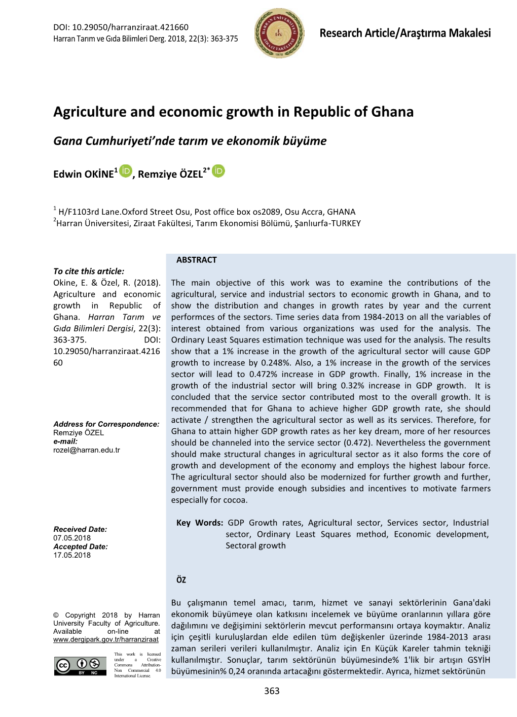 Agriculture and Economic Growth in Republic of Ghana