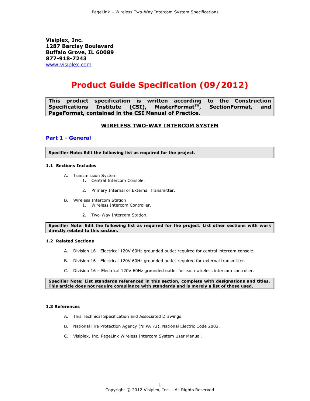 Pagelink Wireless Two-Way Intercom System Specifications