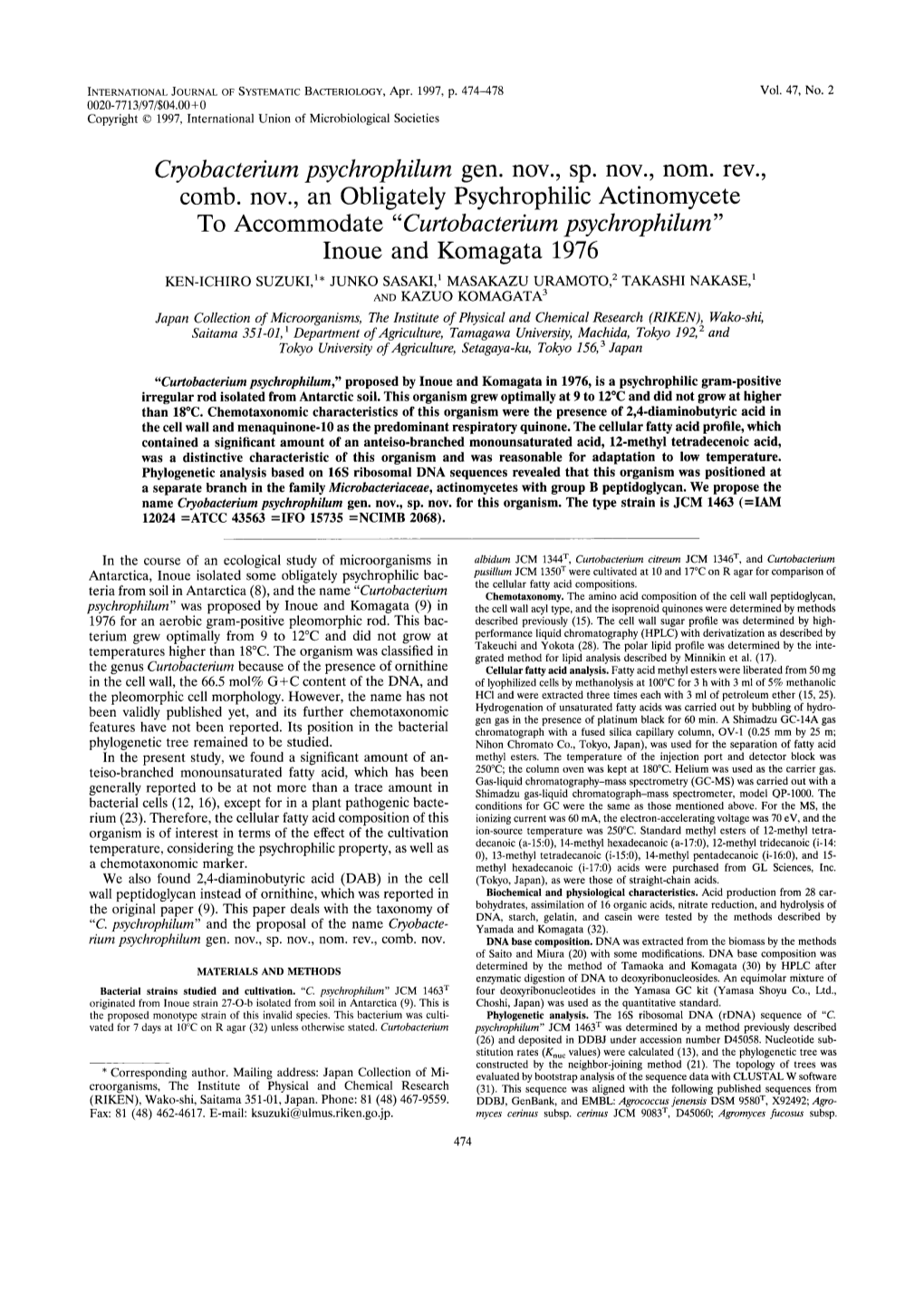 Cryobacterium Psychrophilum Gen. Nov., Sp. Nov., Nom. Rev., Comb. Nov