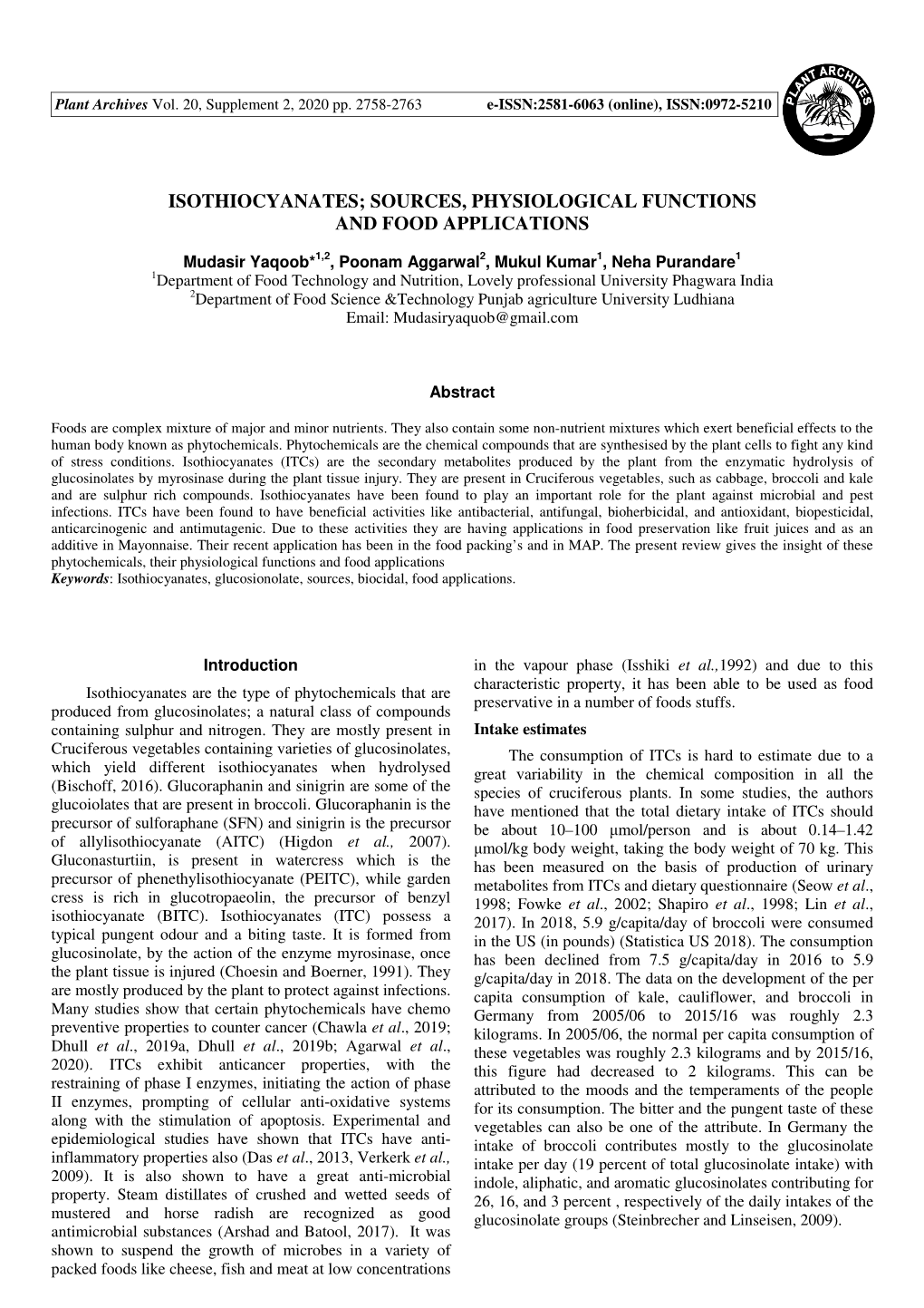 Isothiocyanates; Sources, Physiological Functions and Food Applications