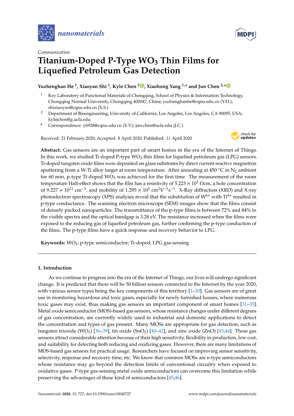 Titanium-Doped P-Type WO3 Thin Films for Liquefied Petroleum Gas