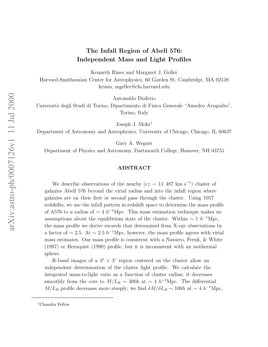 Arxiv:Astro-Ph/0007126V1 11 Jul 2000