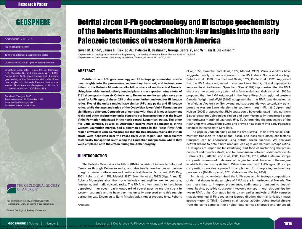 Detrital Zircon U-Pb Geochronology and Hf Isotope Geochemistry of the Roberts Mountains Allochthon: New Insights Into the Early GEOSPHERE; V