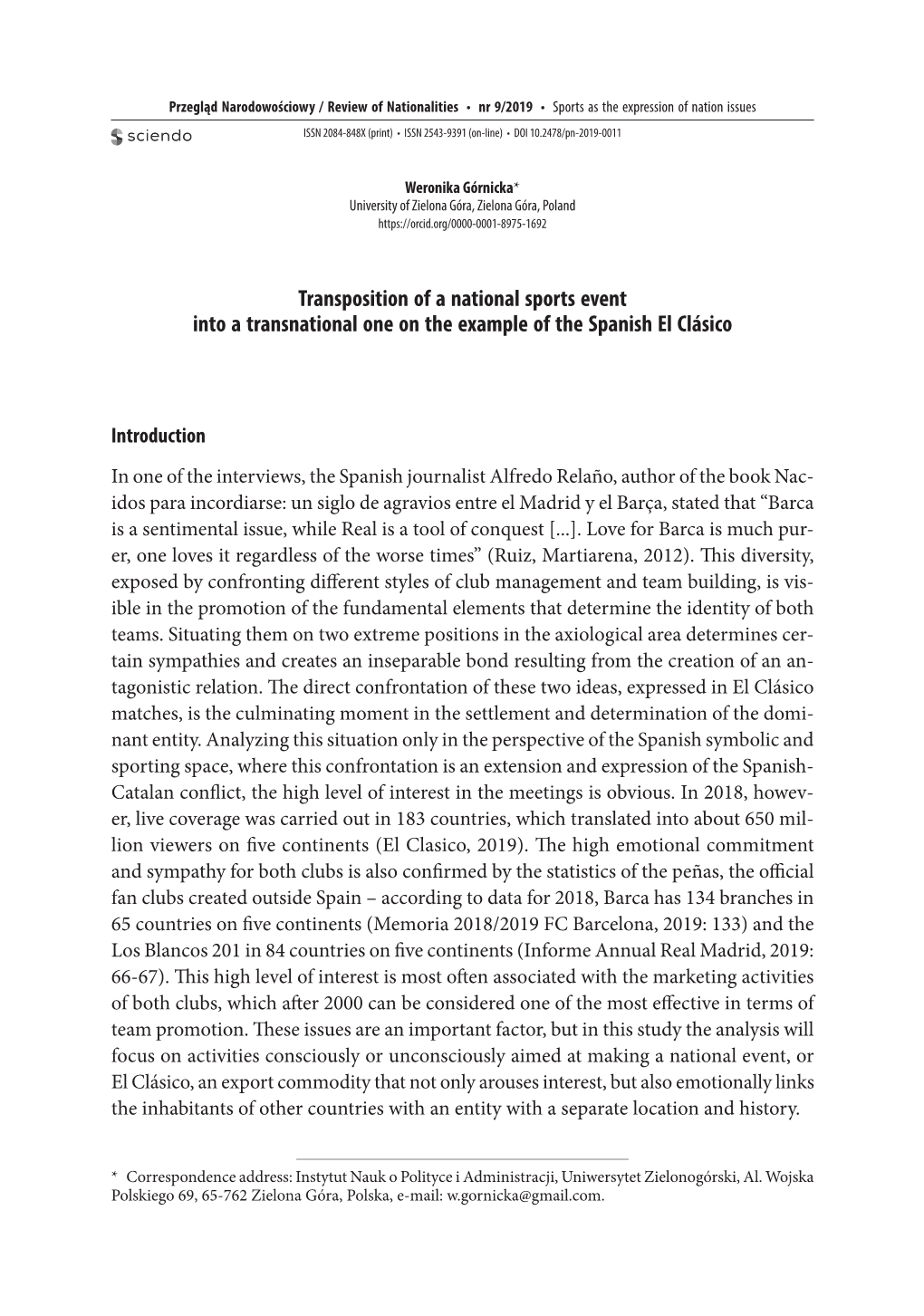 Transposition of a National Sports Event Into a Transnational One on the Example of the Spanish El Clásico