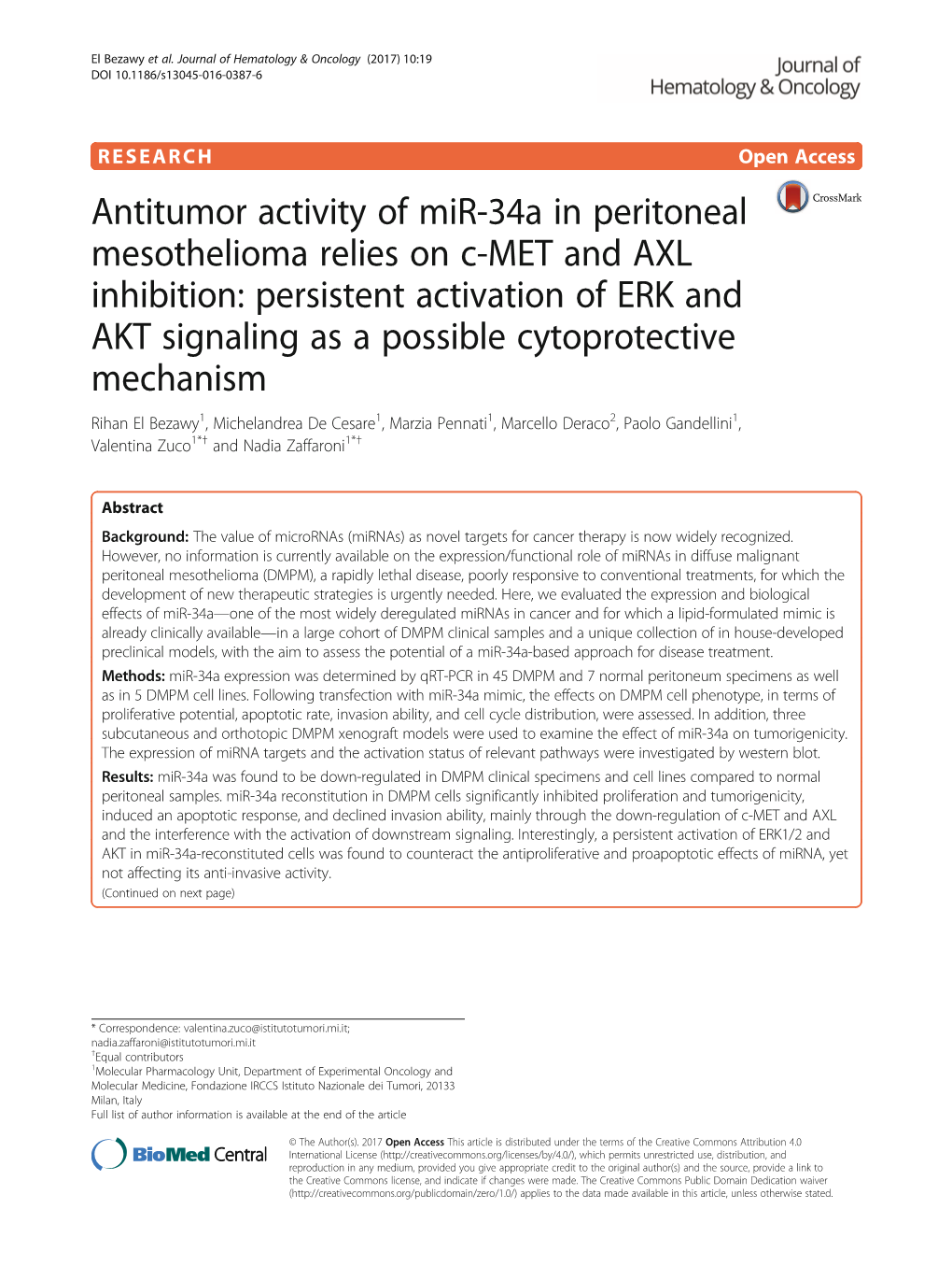 Antitumor Activity of Mir-34A in Peritoneal Mesothelioma Relies on C-MET and AXL Inhibition