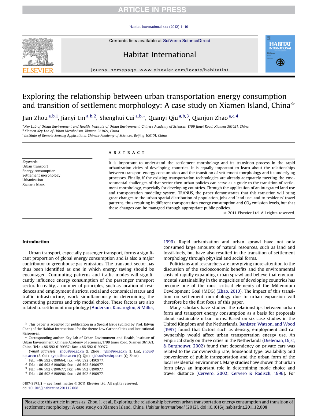 Exploring the Relationship Between Urban Transportation Energy Consumption and Transition of Settlement Morphology: a Case Study on Xiamen Island, Chinaq