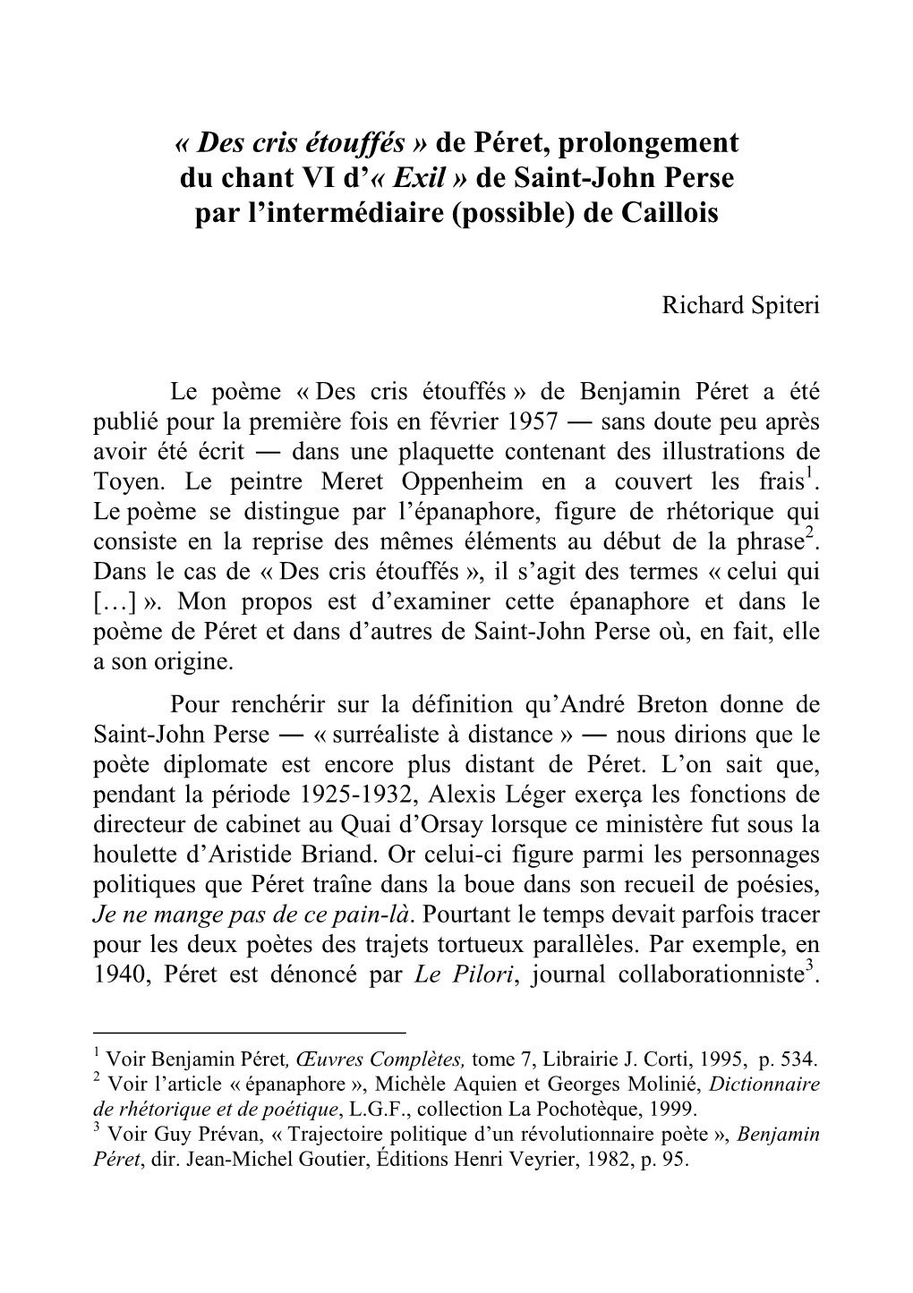 « Des Cris Étouffés » De Péret, Prolongement Du Chant VI D'« Exil »