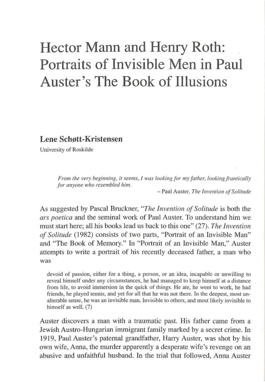 Hector Mann and Henry Roth: Portraits of Invisible Men in Paul Auster's the Book of Illusions