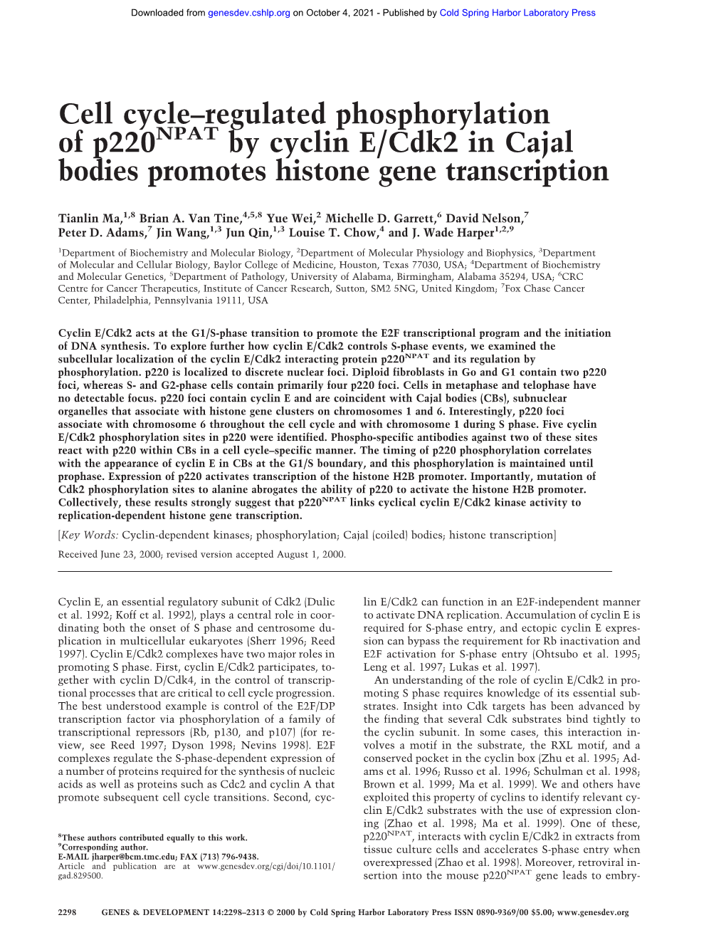 Cell Cycle–Regulated Phosphorylation of P220 by Cyclin E/Cdk2 in Cajal Bodies Promotes Histone Gene Transcription