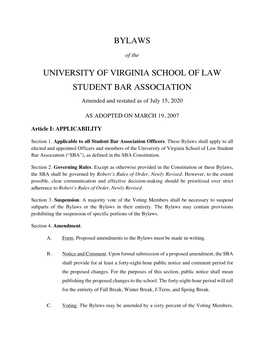 Bylaws University of Virginia School of Law Student Bar