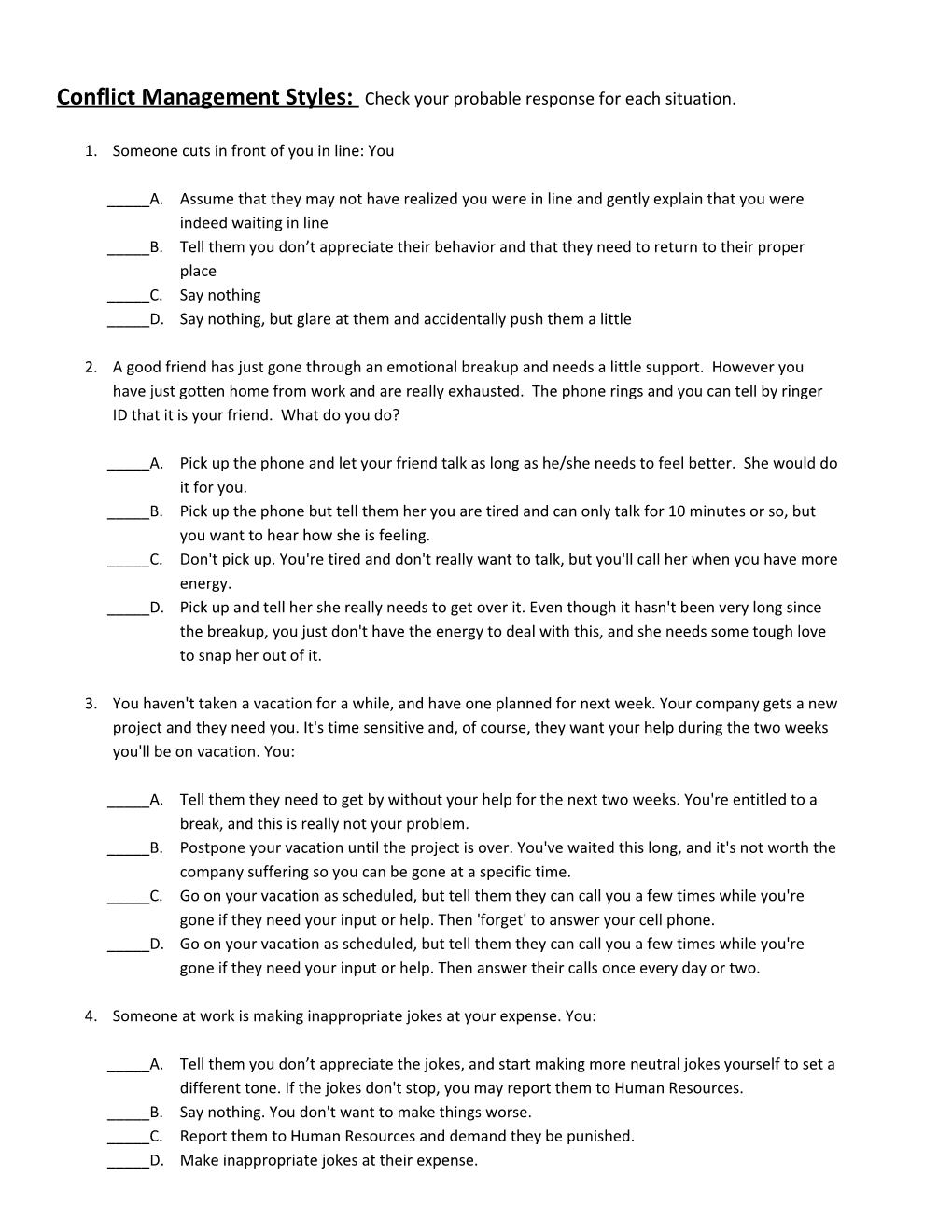 Conflict Management Styles: Check Your Probable Response for Each Situation