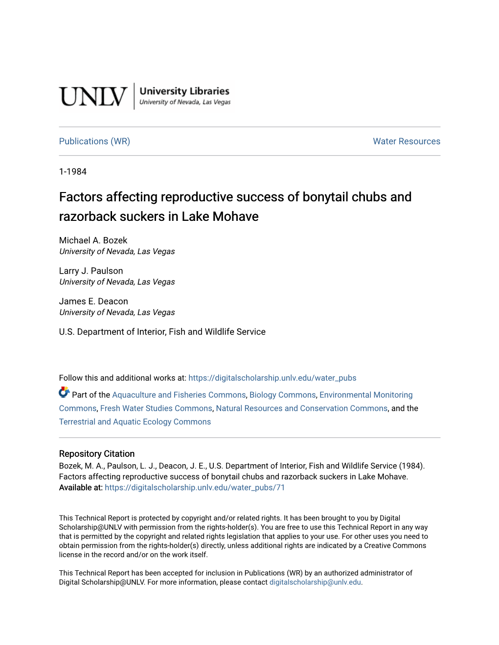 Factors Affecting Reproductive Success of Bonytail Chubs and Razorback Suckers in Lake Mohave