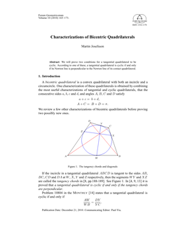 Characterizations of Bicentric Quadrilaterals