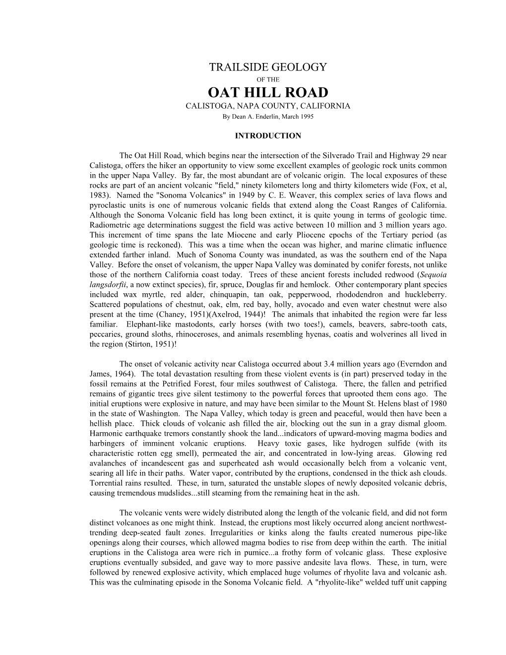TRAILSIDE GEOLOGY of the OAT HILL ROAD CALISTOGA, NAPA COUNTY, CALIFORNIA by Dean A