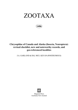 Zootaxa, Chrysopidae of Canada and Alaska (Insecta, Neuroptera)