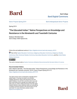 “The Educated Indian:” Native Perspectives on Knowledge and Resistance in the Nineteenth and Twentieth Centuries