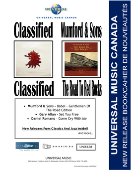 UNIVERSAL MUSIC CANADA NEW RELEASE Artist/Title: Classified ‐ Classified Bar Code