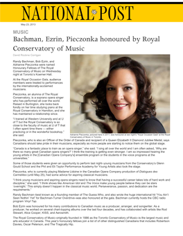 Bachman, Ezrin, Pieczonka Honoured by Royal Conservatory of Music David Rockne Corrigan